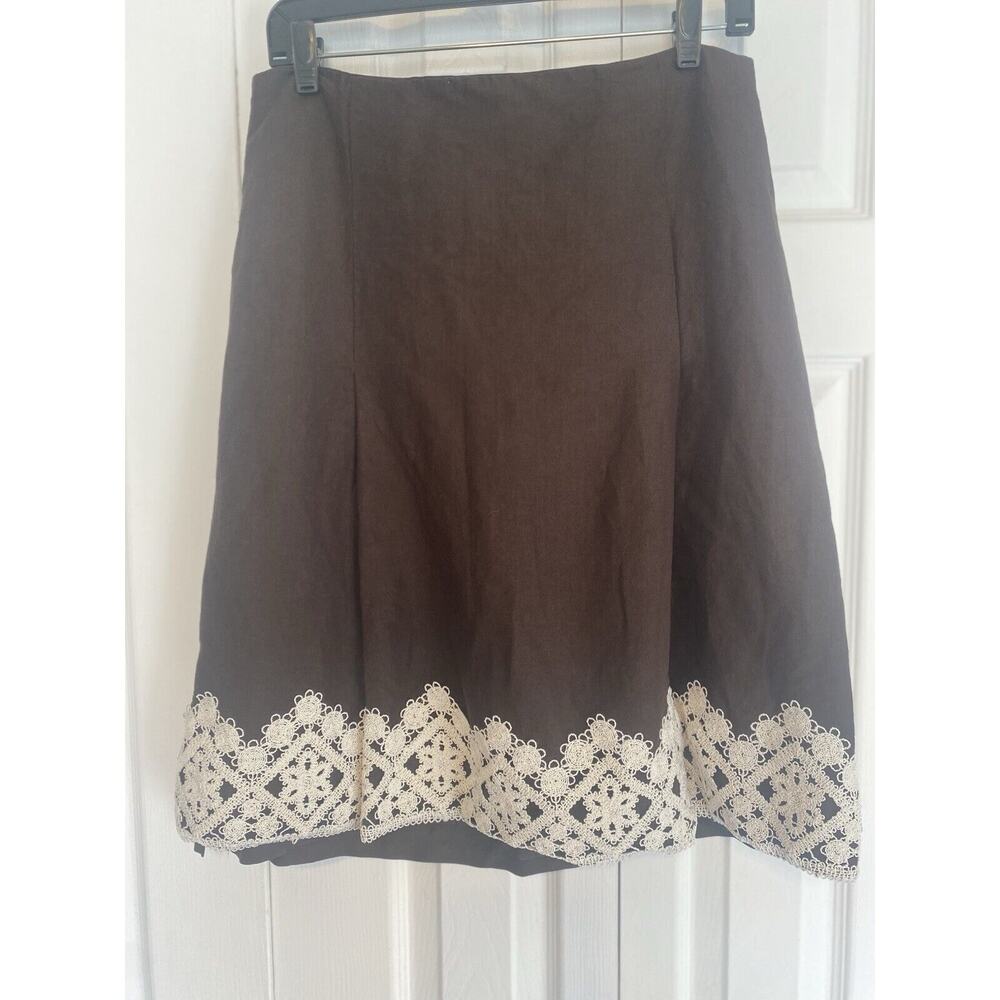 Linen Blend Skirt Brown White Lace A-Line 8 Clean Girl Ann Taylor LOFT